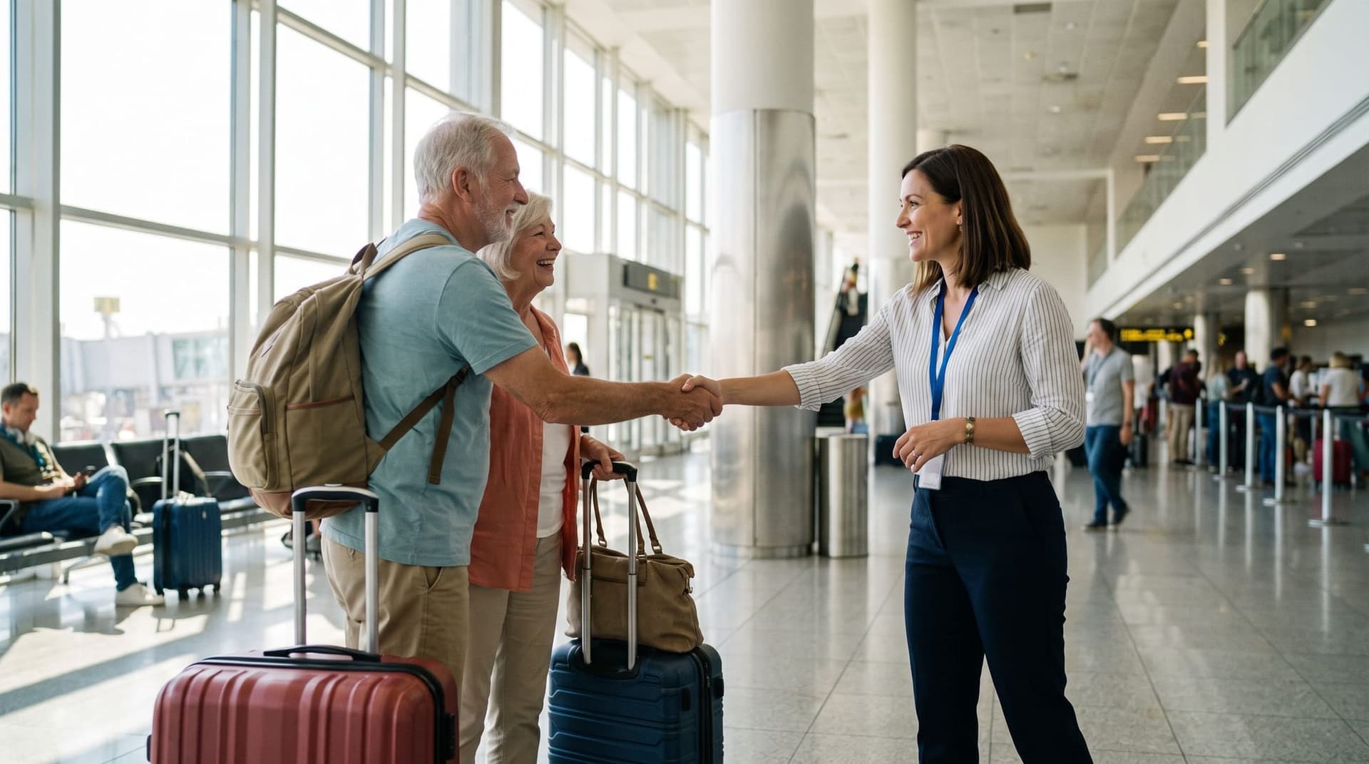 Accueil de voyageurs dans un hall d'arrivée d'aéroport